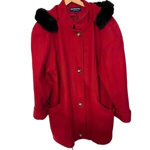 Vintage Womens Wool Red Peacoat Size 12 Angora Lining Rabbit Fur Luxury Zip Up